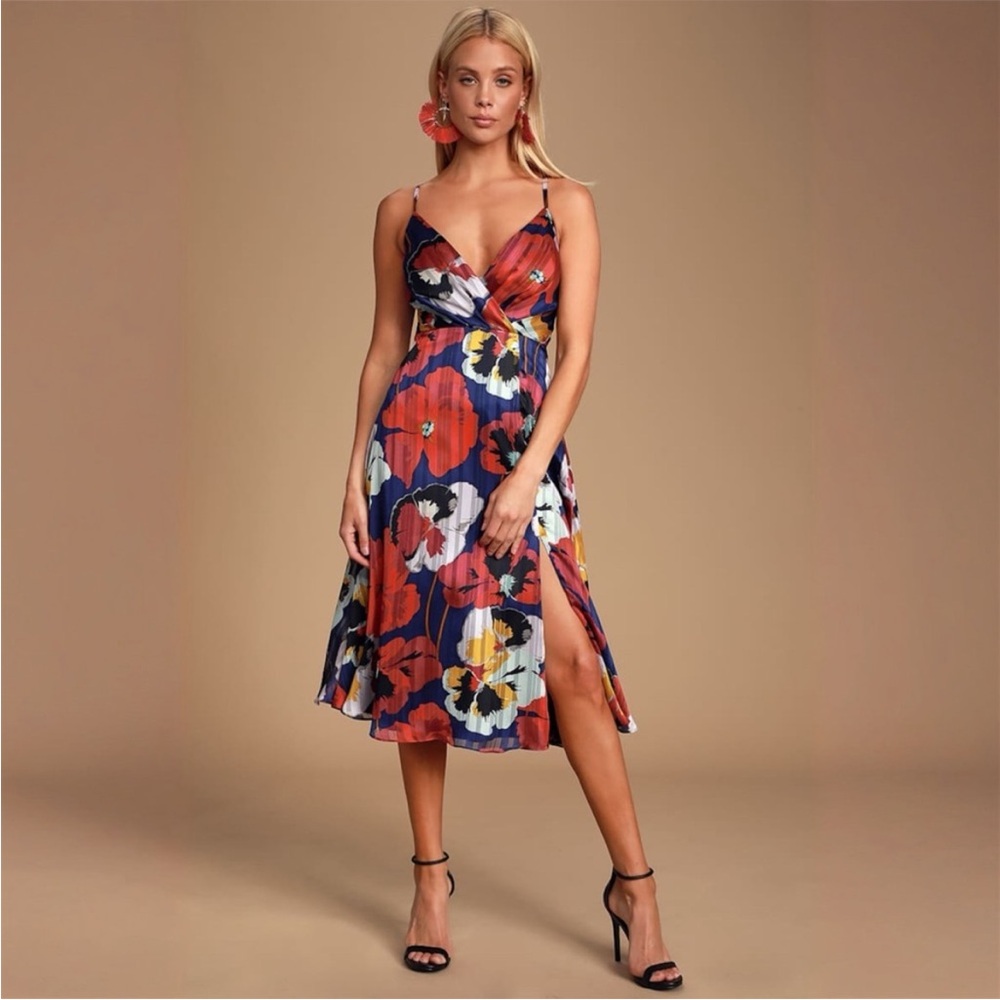 Lulu's Floral Midi Dress - Red, Blue, Yellow
